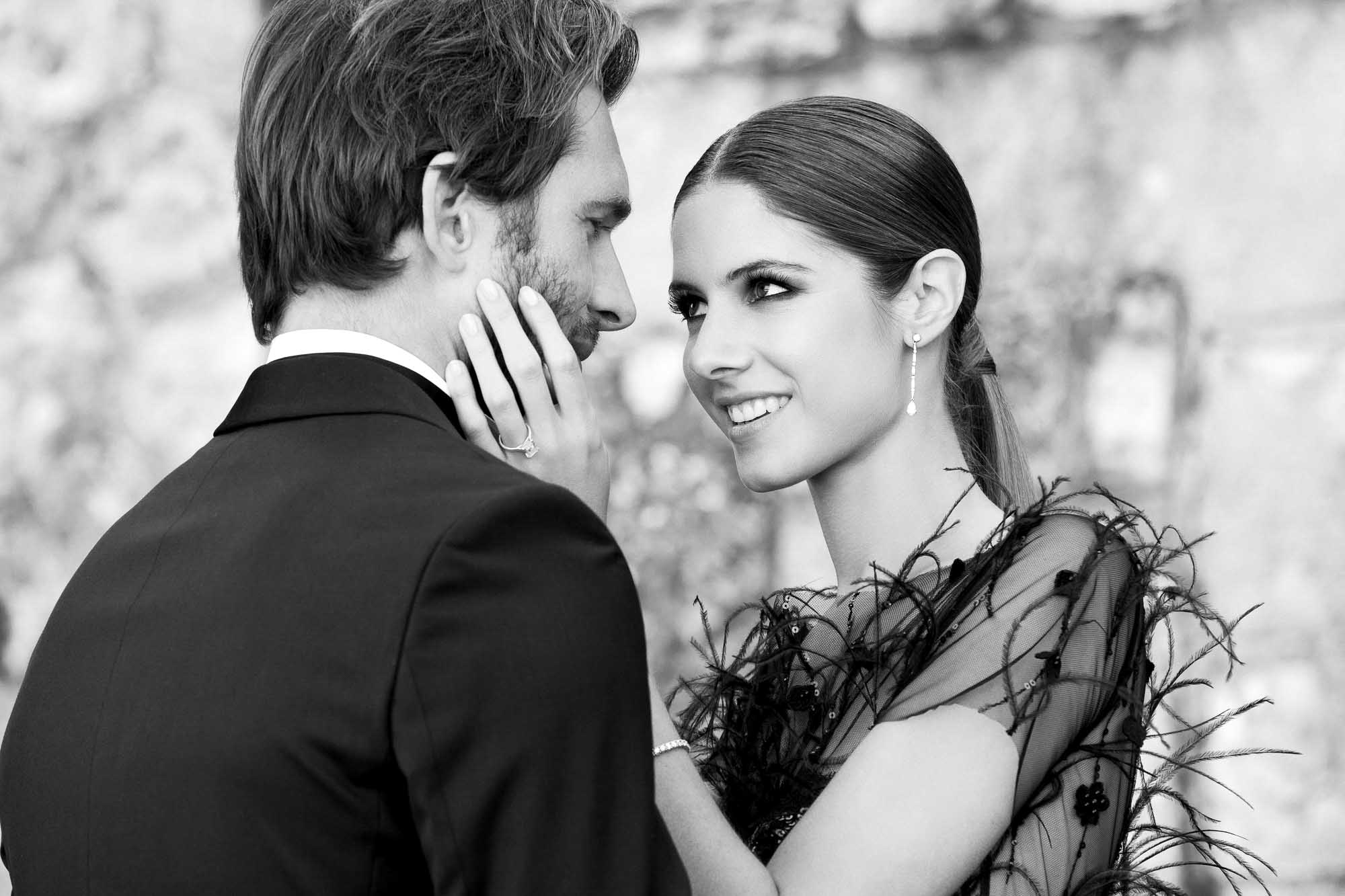 Elegant black-and-white portrait of a bride and groom captured by a Dubai marriage proposal and wedding photographer.