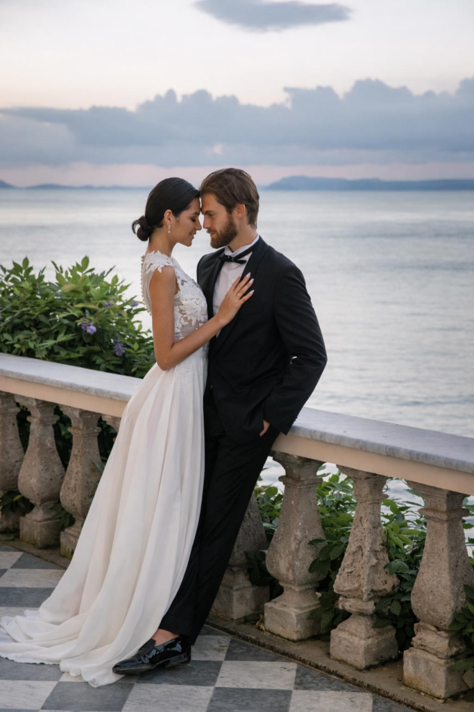 Luxury wedding couple photographed by Lillo Dubai photographer, elegant bride and groom by the sea at sunset