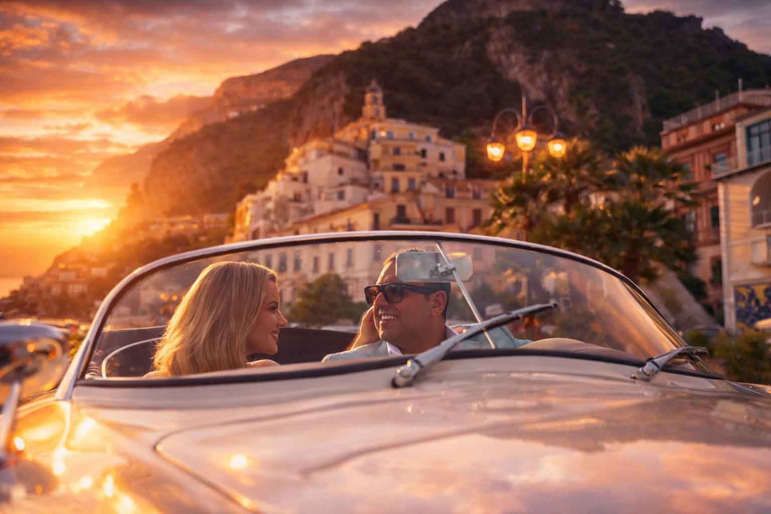 Bride and groom sitting in a classic car during a luxury wedding in Dubai at sunset