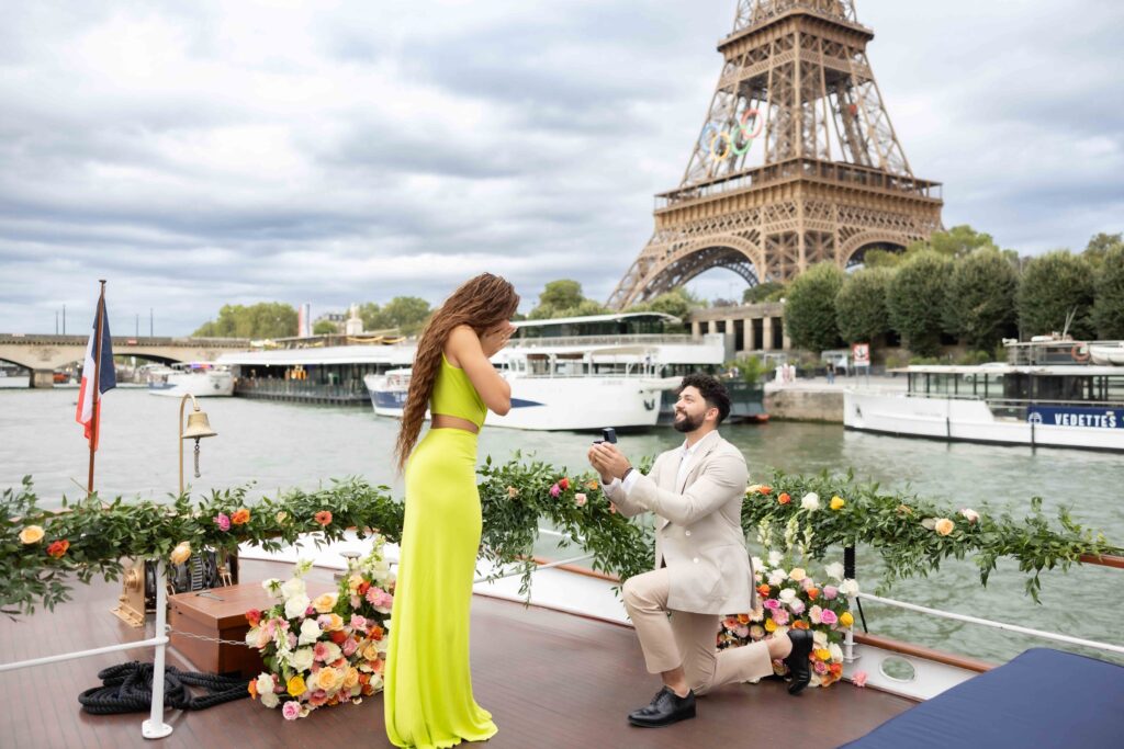 Luxury yacht proposal with engagement moment captured on the water