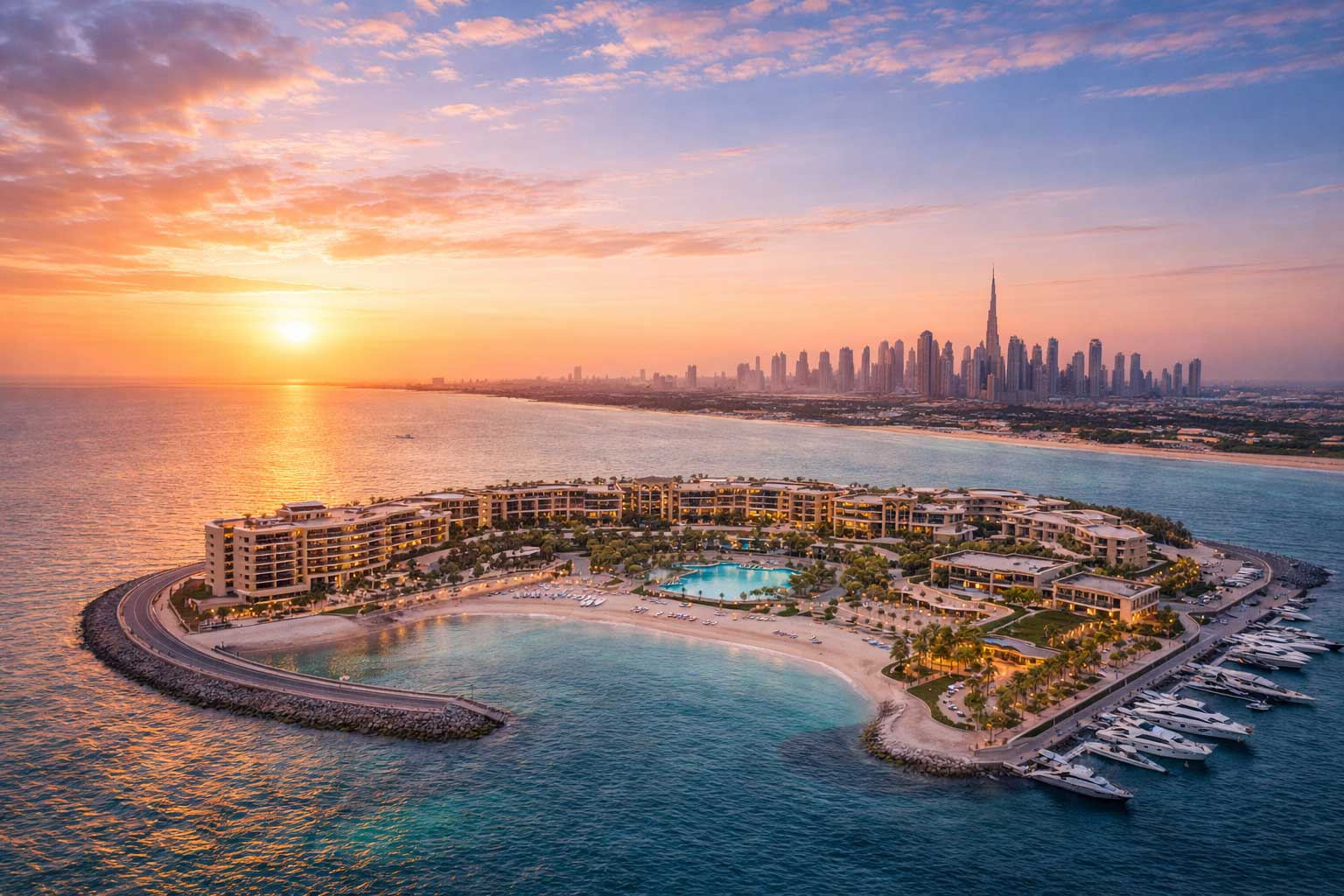 Bvlgari Resort Dubai best wedding venue on Jumeirah Bay Island at sunset