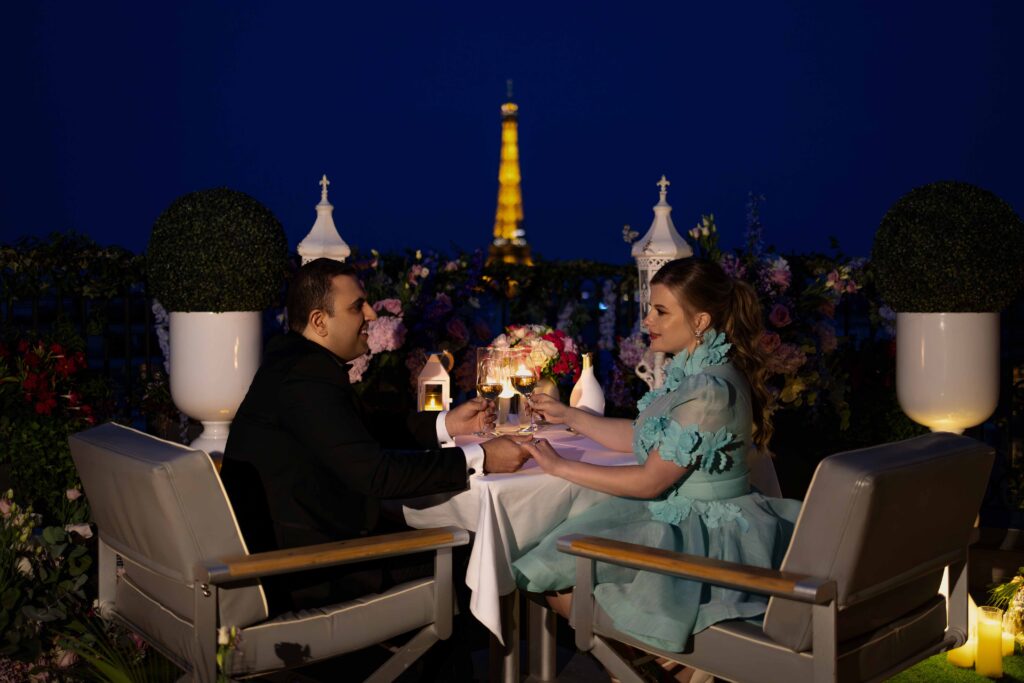 Luxury dinner proposal setup photographed at night