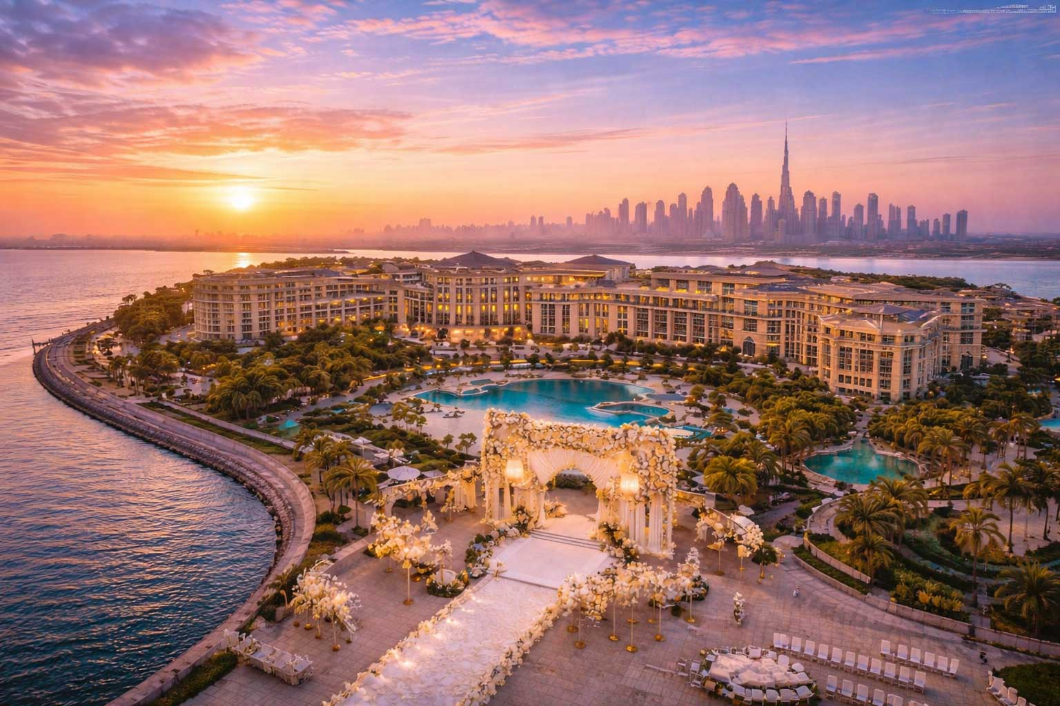 Palazzo Versace Dubai luxury wedding venue at sunset Dubai Creek