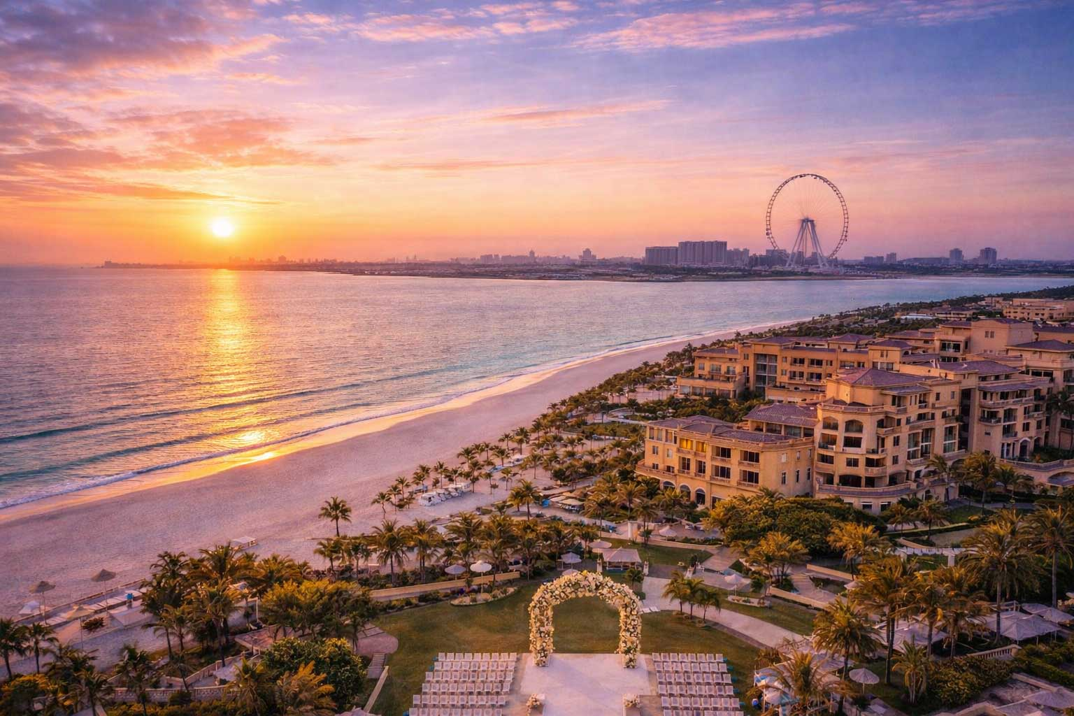 The Ritz-Carlton Dubai JBR beach wedding venue at sunset