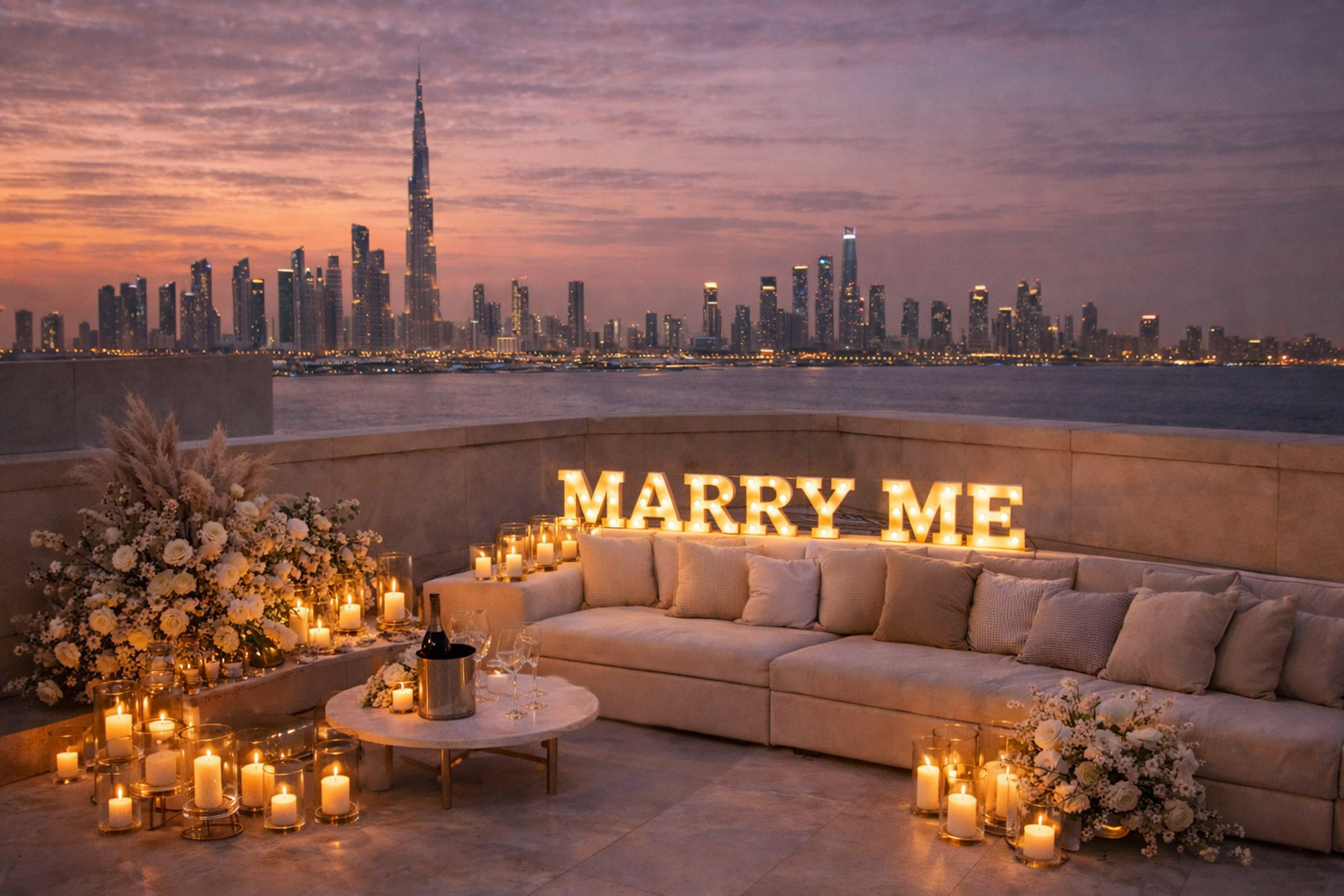 Luxury private rooftop proposal in Dubai with romantic candle decor