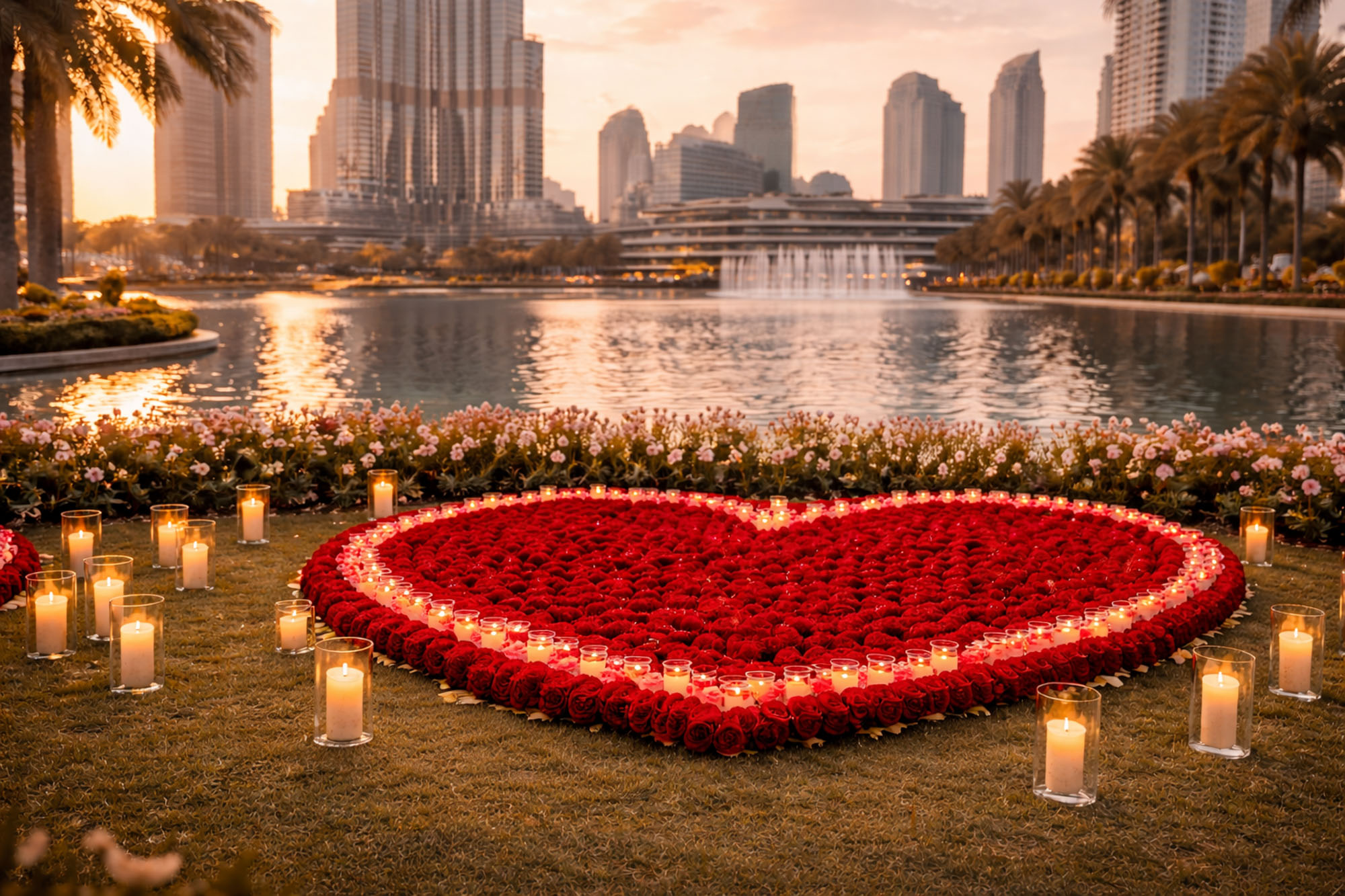 Burj Park Dubai proposal red rose heart decor with Burj Khalifa skyline at sunset