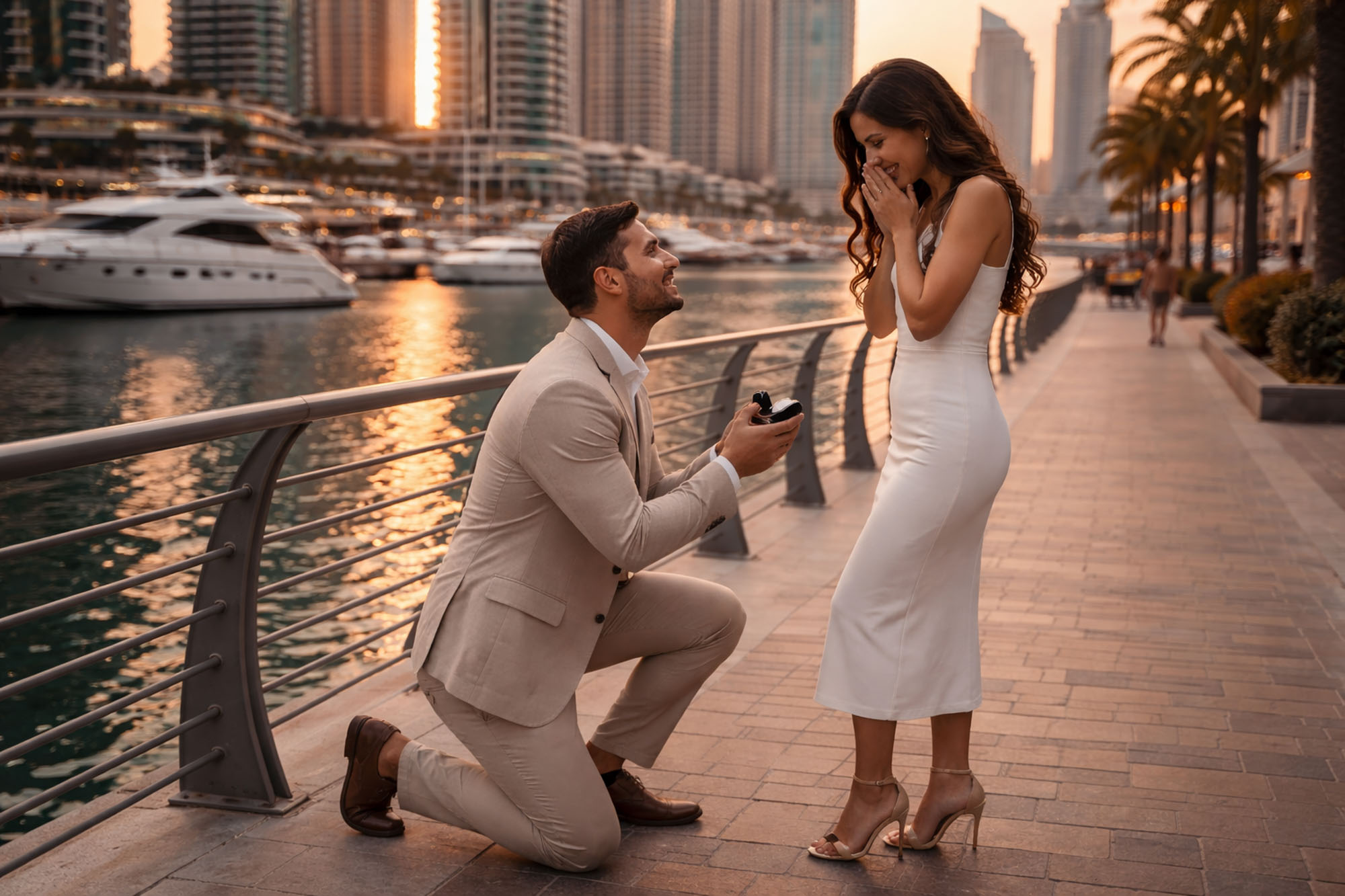 Dubai Marina promenade proposal at sunset with skyline and waterfront engagement moment