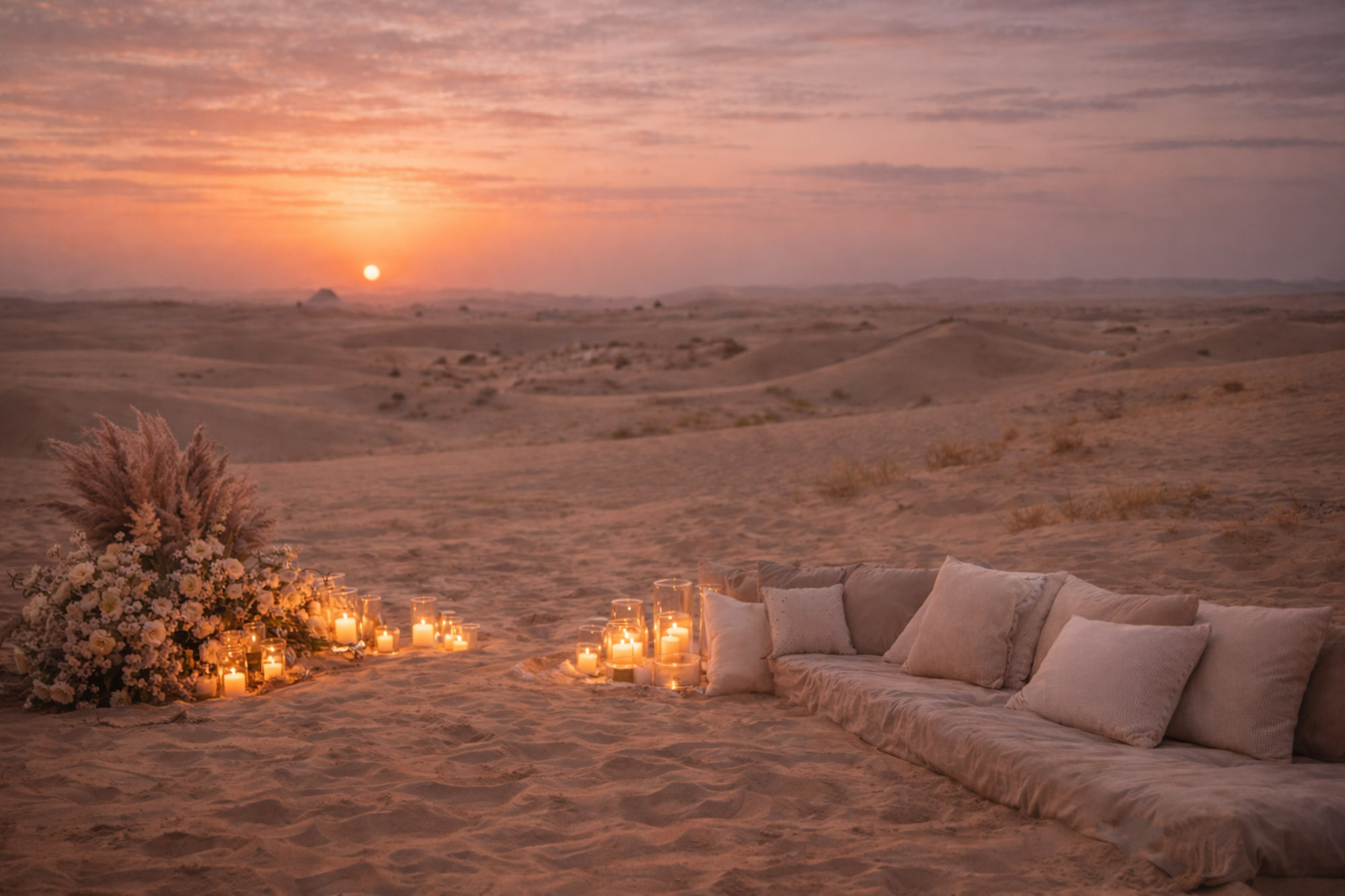 Luxury desert proposal in Dubai at sunset with romantic setup