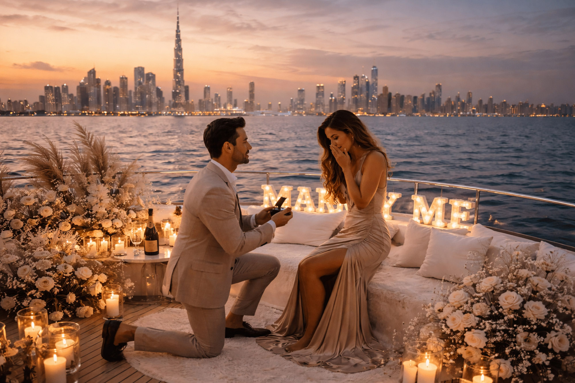 Luxury yacht proposal in Dubai with Burj Khalifa skyline